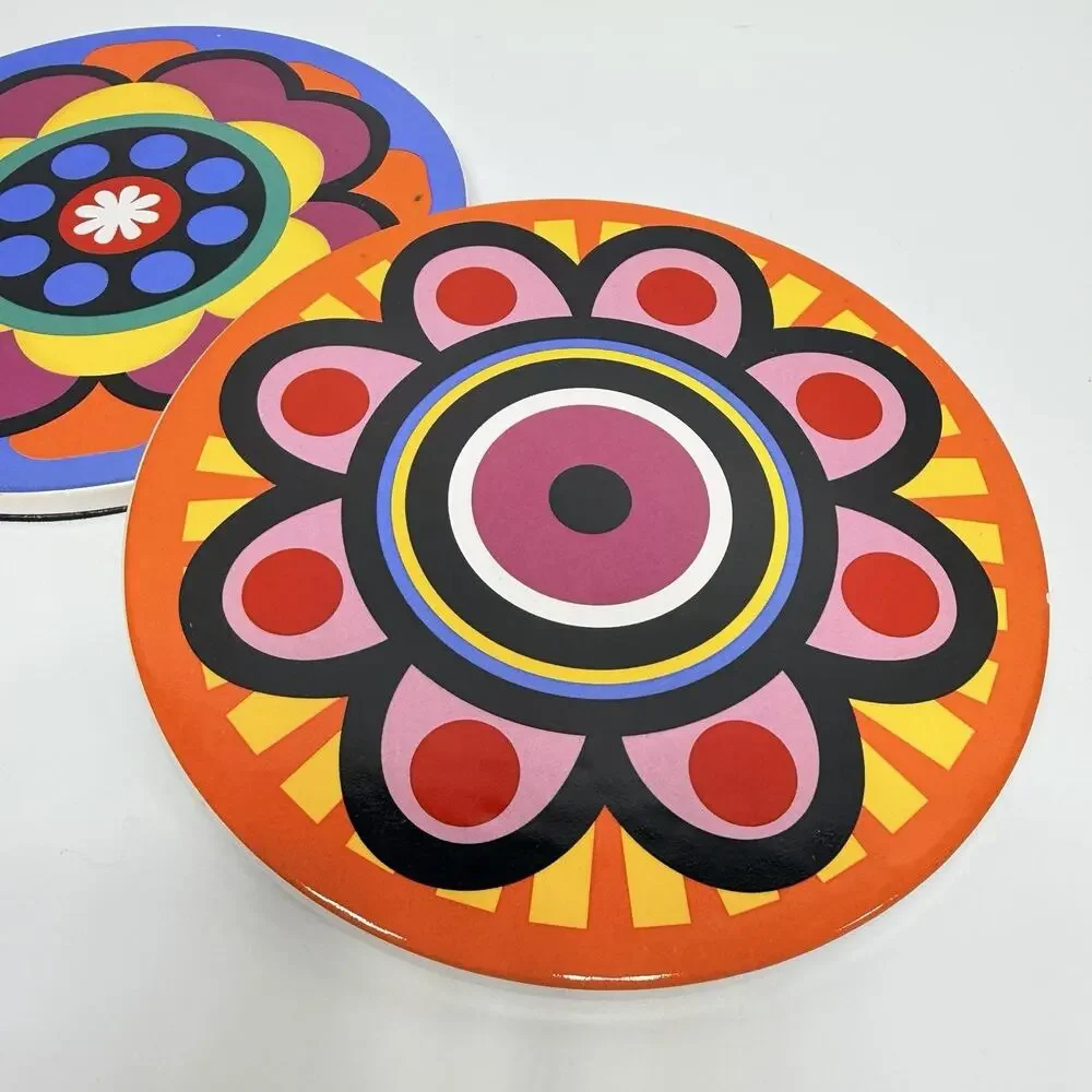 Set 2 Heart Of Avon Colorful Ceramic Trivet Tiles Retro Psychedelic Groovy Style